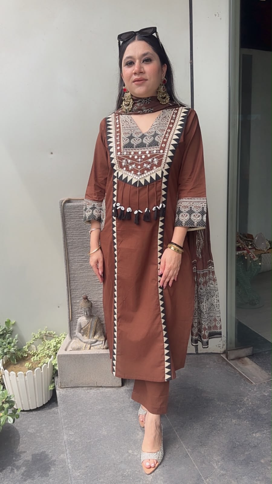 Bindi Coffee Brown Tassel Designer Cotton Suit