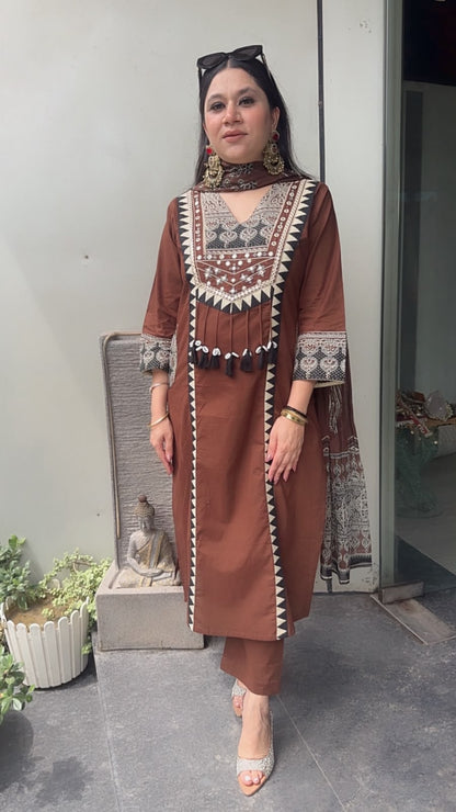 Bindi Coffee Brown Tassel Designer Cotton Suit