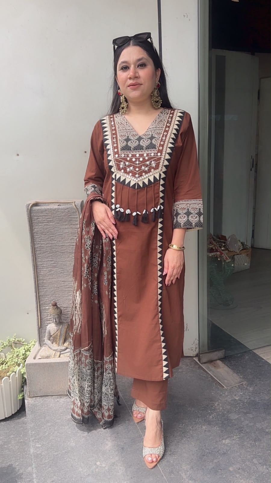Bindi Coffee Brown Tassel Designer Cotton Suit