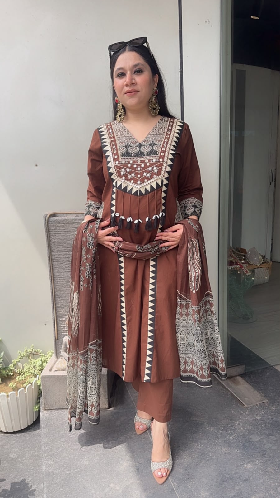 Bindi Coffee Brown Tassel Designer Cotton Suit