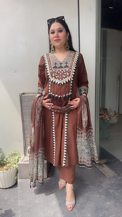 Bindi Coffee Brown Tassel Designer Cotton Suit