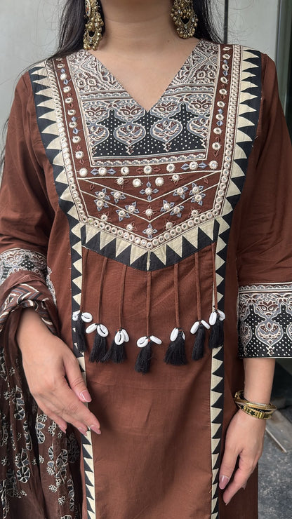 Bindi Coffee Brown Tassel Designer Cotton Suit