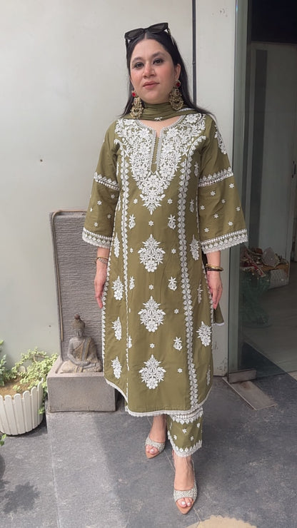 Chikoo Mehndi Green Chikankari A-Line Cotton Suit