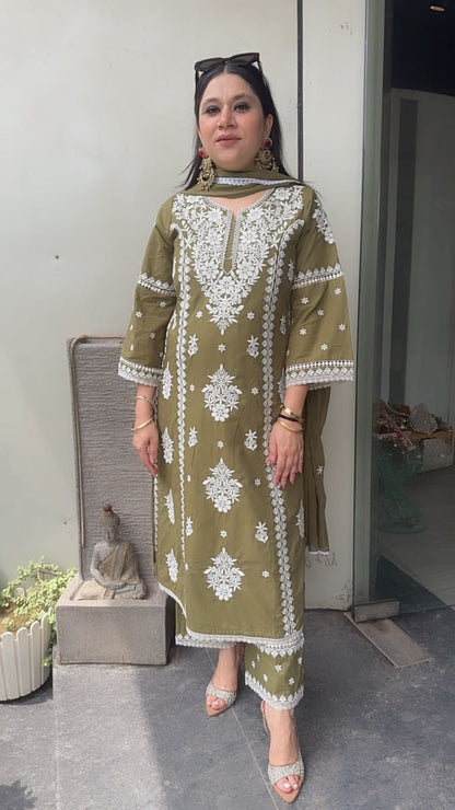 Chikoo Mehndi Green Chikankari A-Line Cotton Suit
