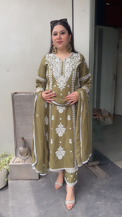 Chikoo Mehndi Green Chikankari A-Line Cotton Suit