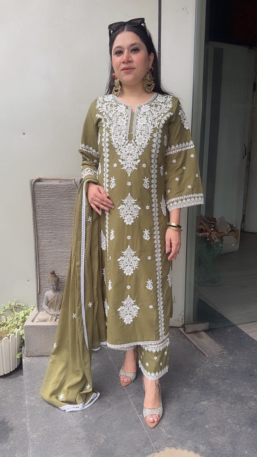 Chikoo Mehndi Green Chikankari A-Line Cotton Suit