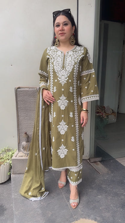 Chikoo Mehndi Green Chikankari A-Line Cotton Suit