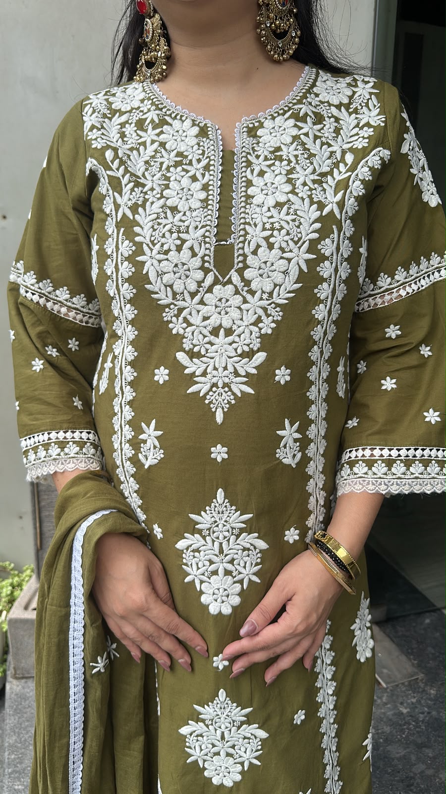 Chikoo Mehndi Green Chikankari A-Line Cotton Suit