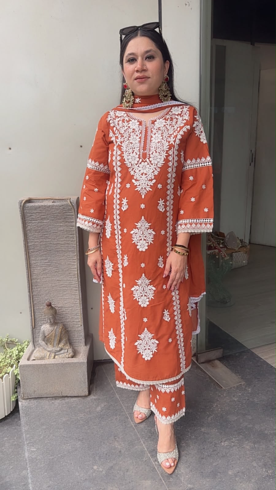 Chikoo Rust Orange Chikankari A-Line Cotton Suit