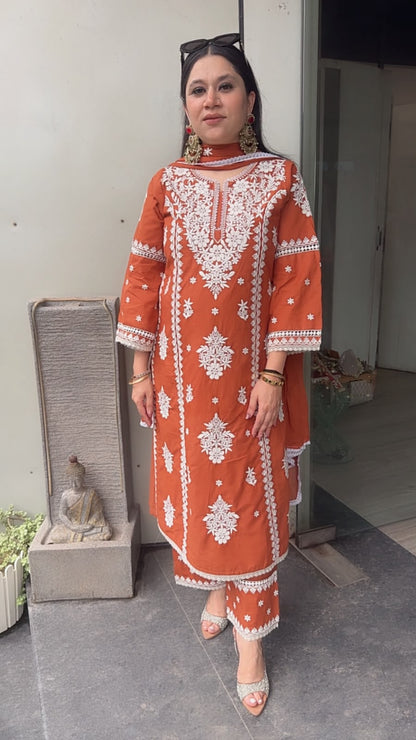 Chikoo Rust Orange Chikankari A-Line Cotton Suit