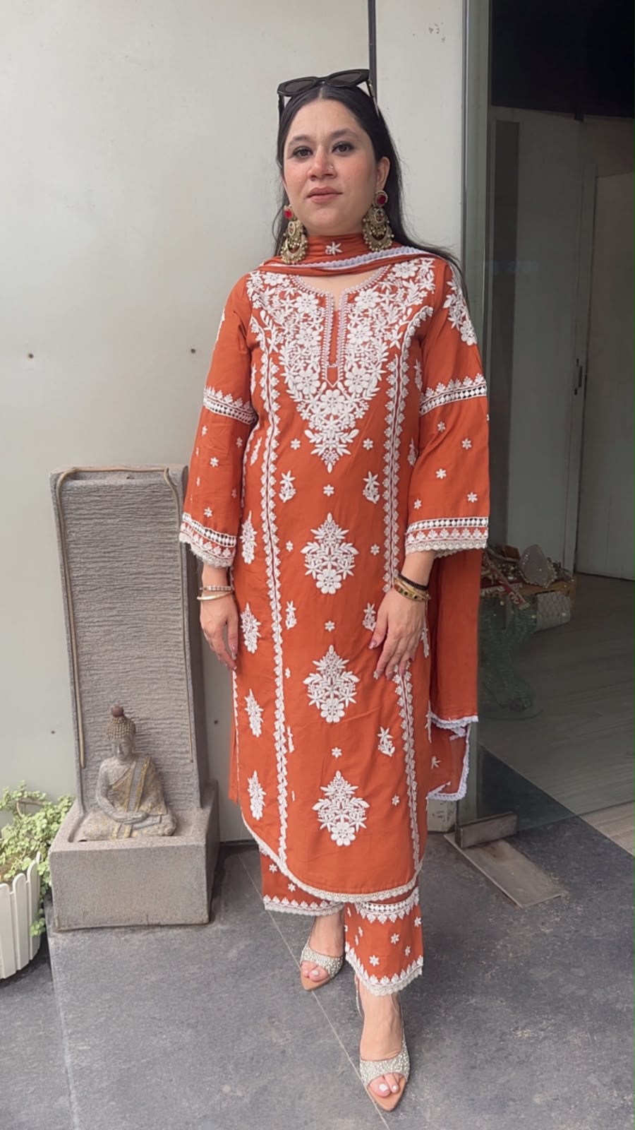 Chikoo Rust Orange Chikankari A-Line Cotton Suit