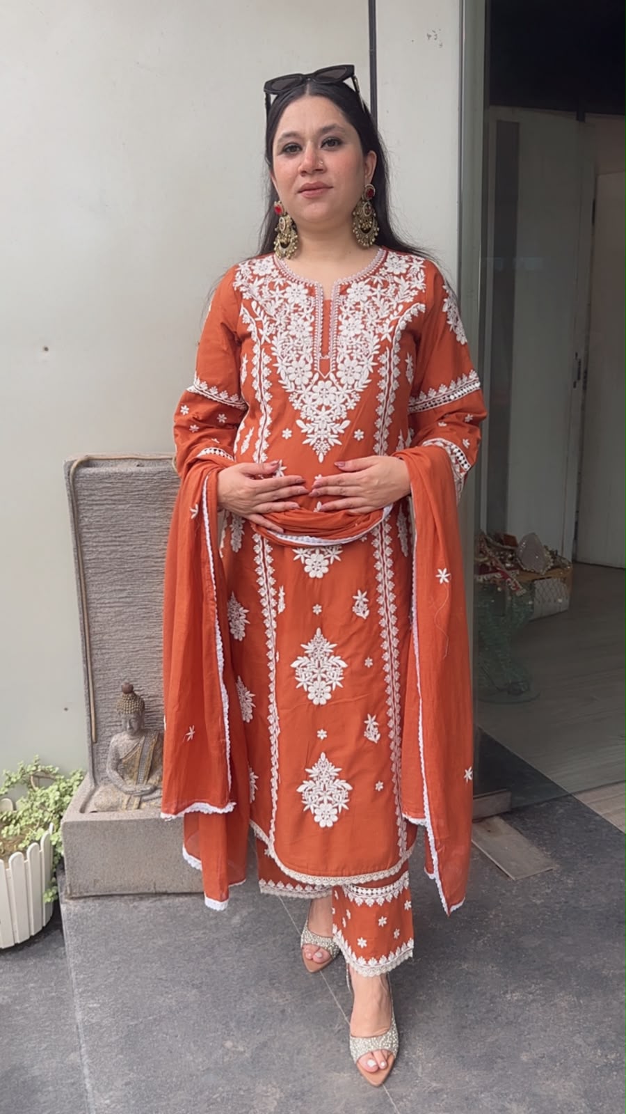 Chikoo Rust Orange Chikankari A-Line Cotton Suit
