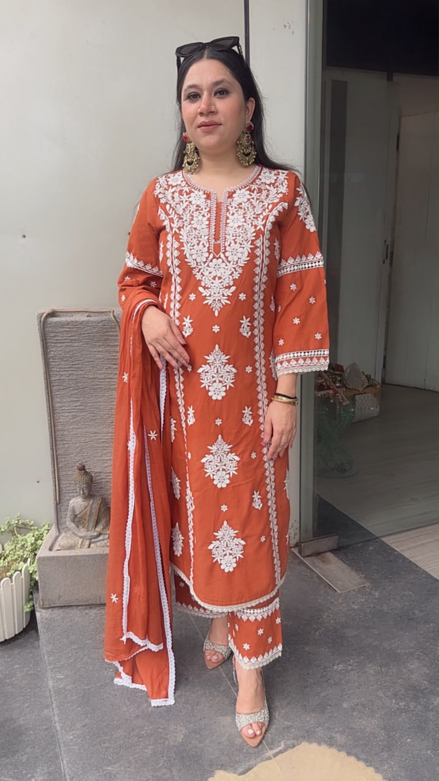 Chikoo Rust Orange Chikankari A-Line Cotton Suit