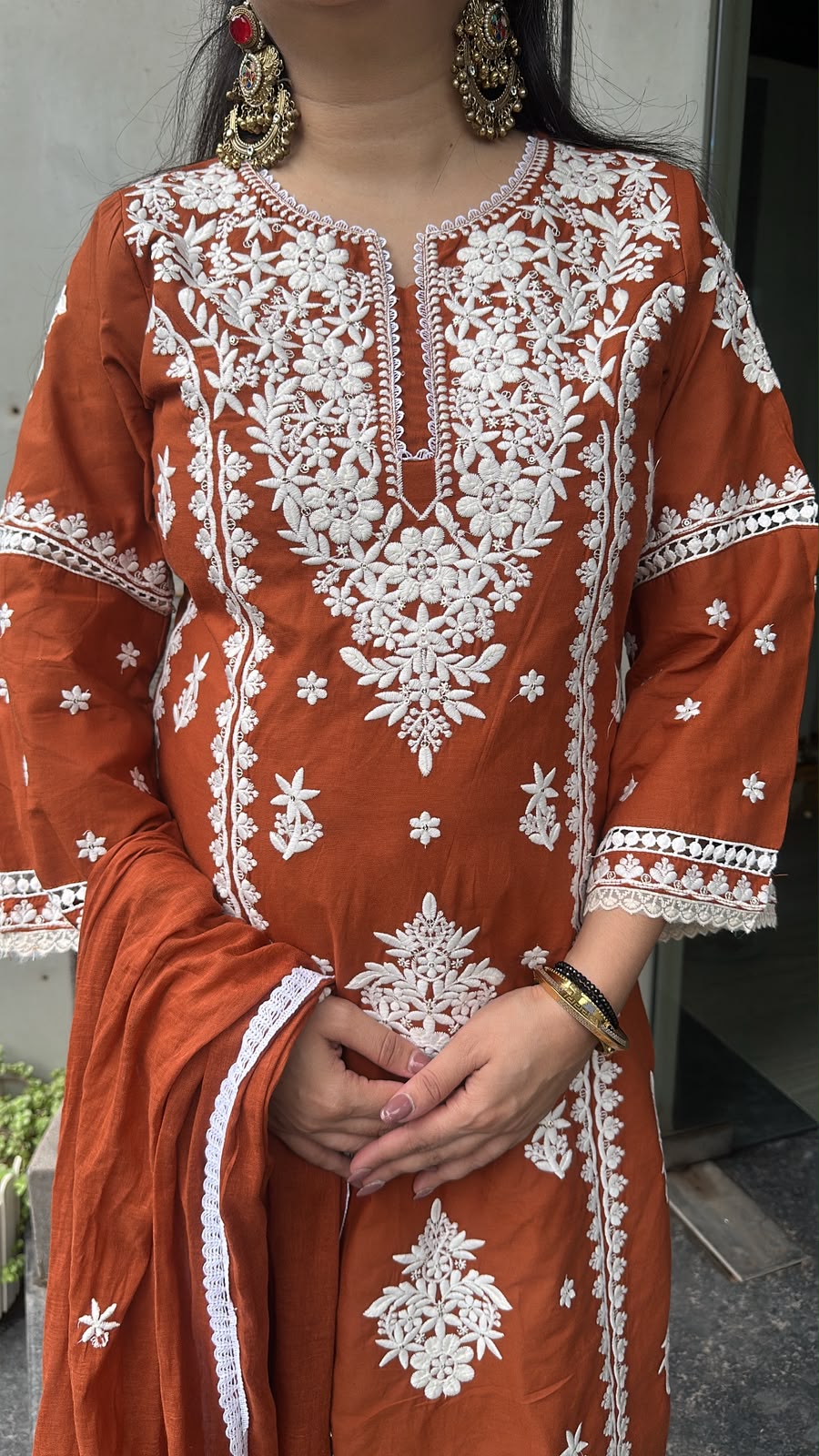 Chikoo Rust Orange Chikankari A-Line Cotton Suit