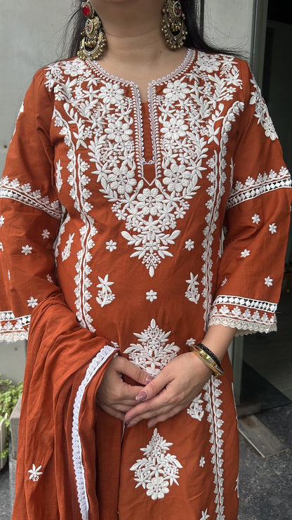 Chikoo Rust Orange Chikankari A-Line Cotton Suit