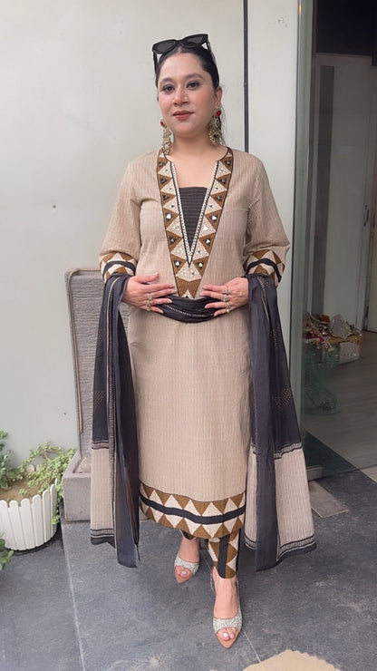 Sandoz Beige Cotton Designer Suit