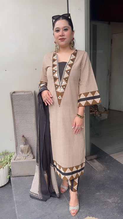 Sandoz Beige Cotton Designer Suit