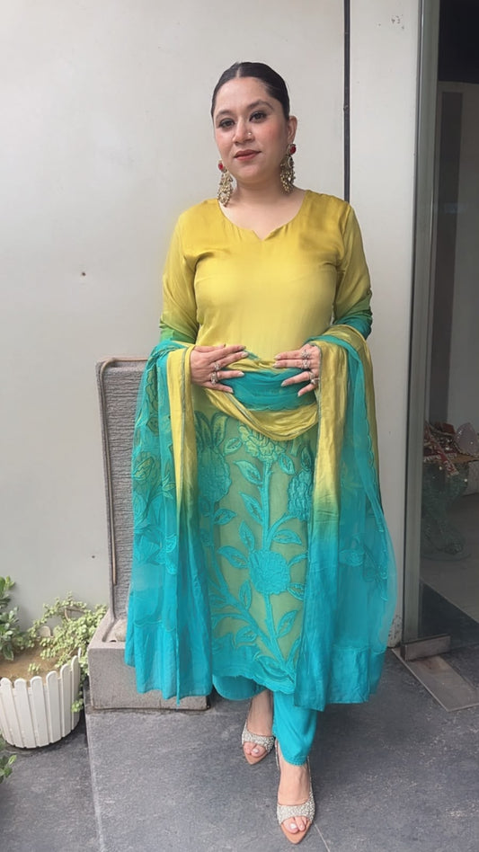 Wakhra Blue Yellow Applique work Cotton Designer Suit