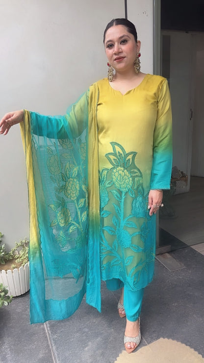 Wakhra Blue Yellow Applique work Cotton Designer Suit