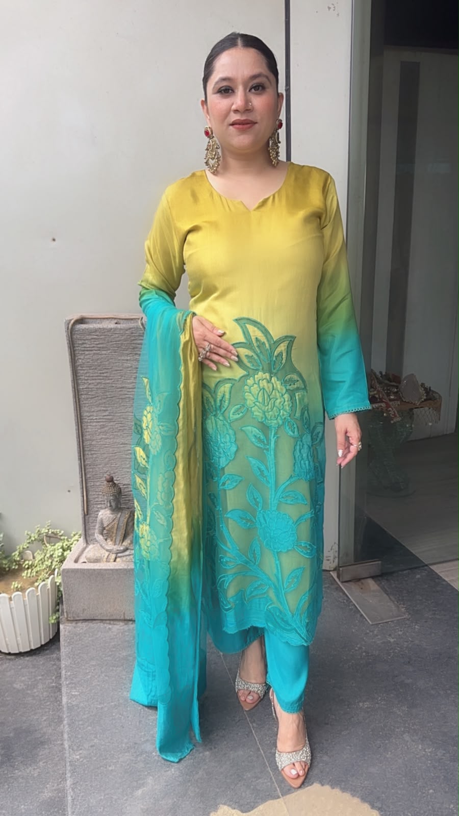 Wakhra Blue Yellow Applique work Cotton Designer Suit