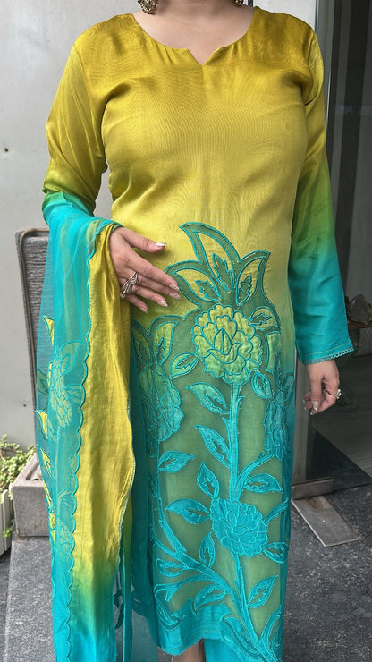 Wakhra Blue Yellow Applique work Cotton Designer Suit