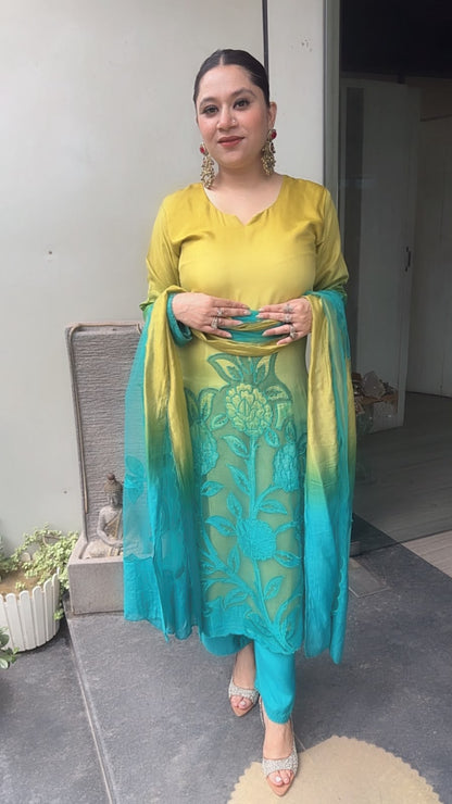 Wakhra Blue Yellow Applique work Cotton Designer Suit