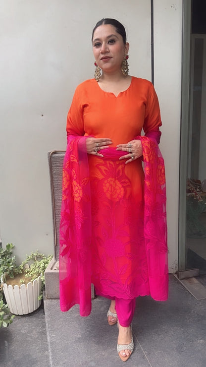 Wakhra pink orange Applique work Cotton Designer Suit