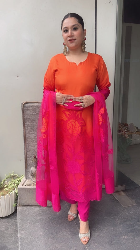 Wakhra pink orange Applique work Cotton Designer Suit