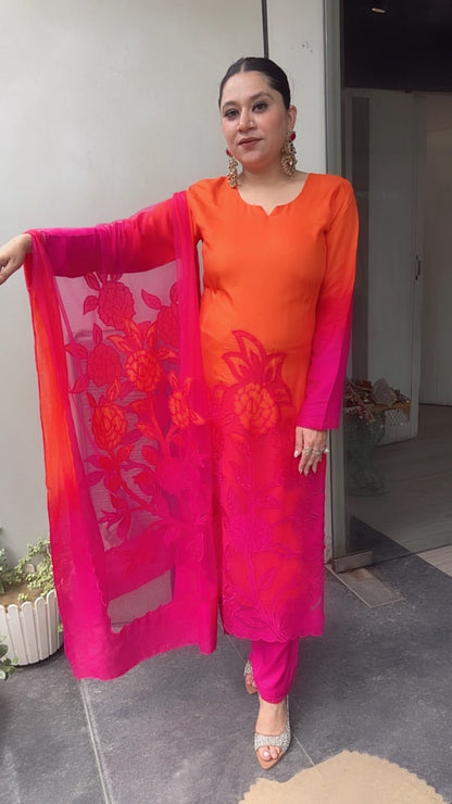 Wakhra pink orange Applique work Cotton Designer Suit