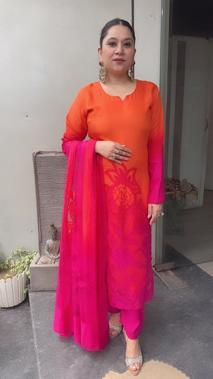 Wakhra pink orange Applique work Cotton Designer Suit