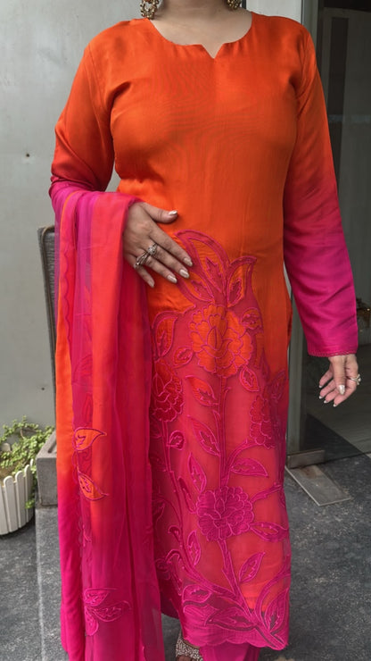 Wakhra pink orange Applique work Cotton Designer Suit