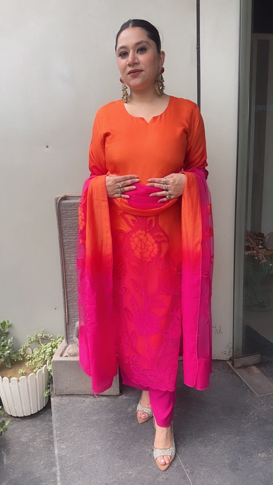Wakhra pink orange Applique work Cotton Designer Suit