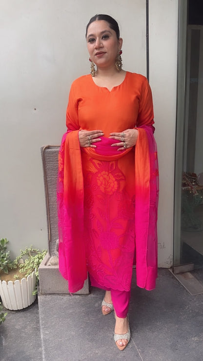 Wakhra pink orange Applique work Cotton Designer Suit