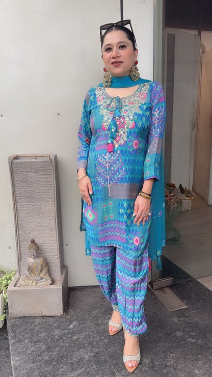 Kabul Blue Digita print Designer suit