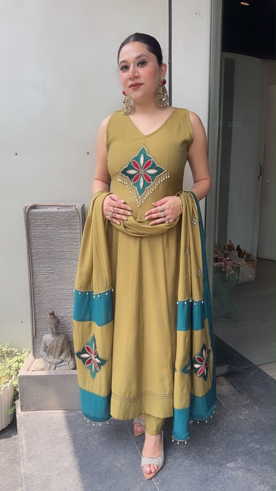 Meraak Mendhi Green Cotton Designer Anarkali Suit (Sleeve fabric Attached)