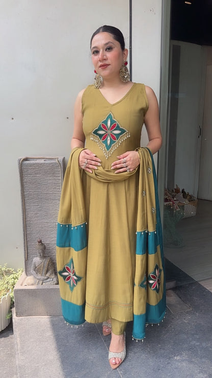Meraak Mendhi Green Cotton Designer Anarkali Suit (Sleeve fabric Attached)