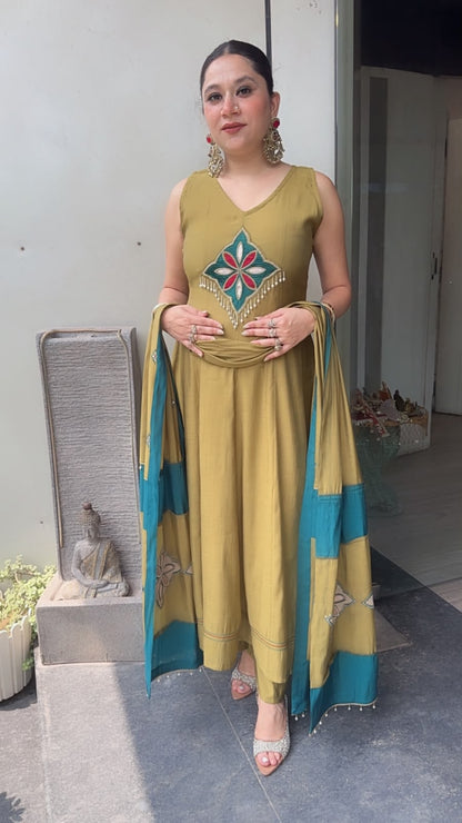 Meraak Mendhi Green Cotton Designer Anarkali Suit (Sleeve fabric Attached)