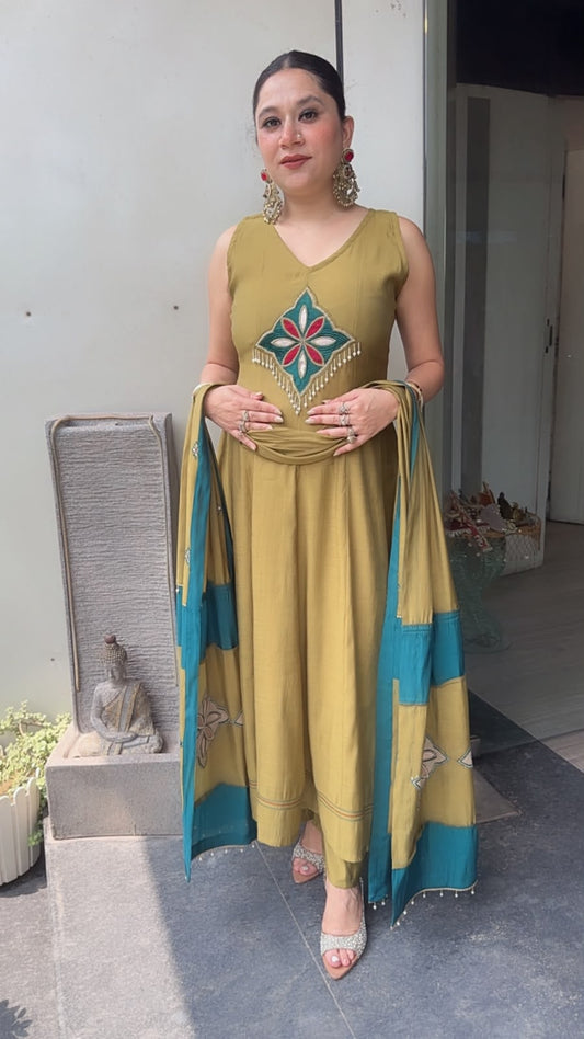 Meraak Mendhi Green Cotton Designer Anarkali Suit (Sleeve fabric Attached)