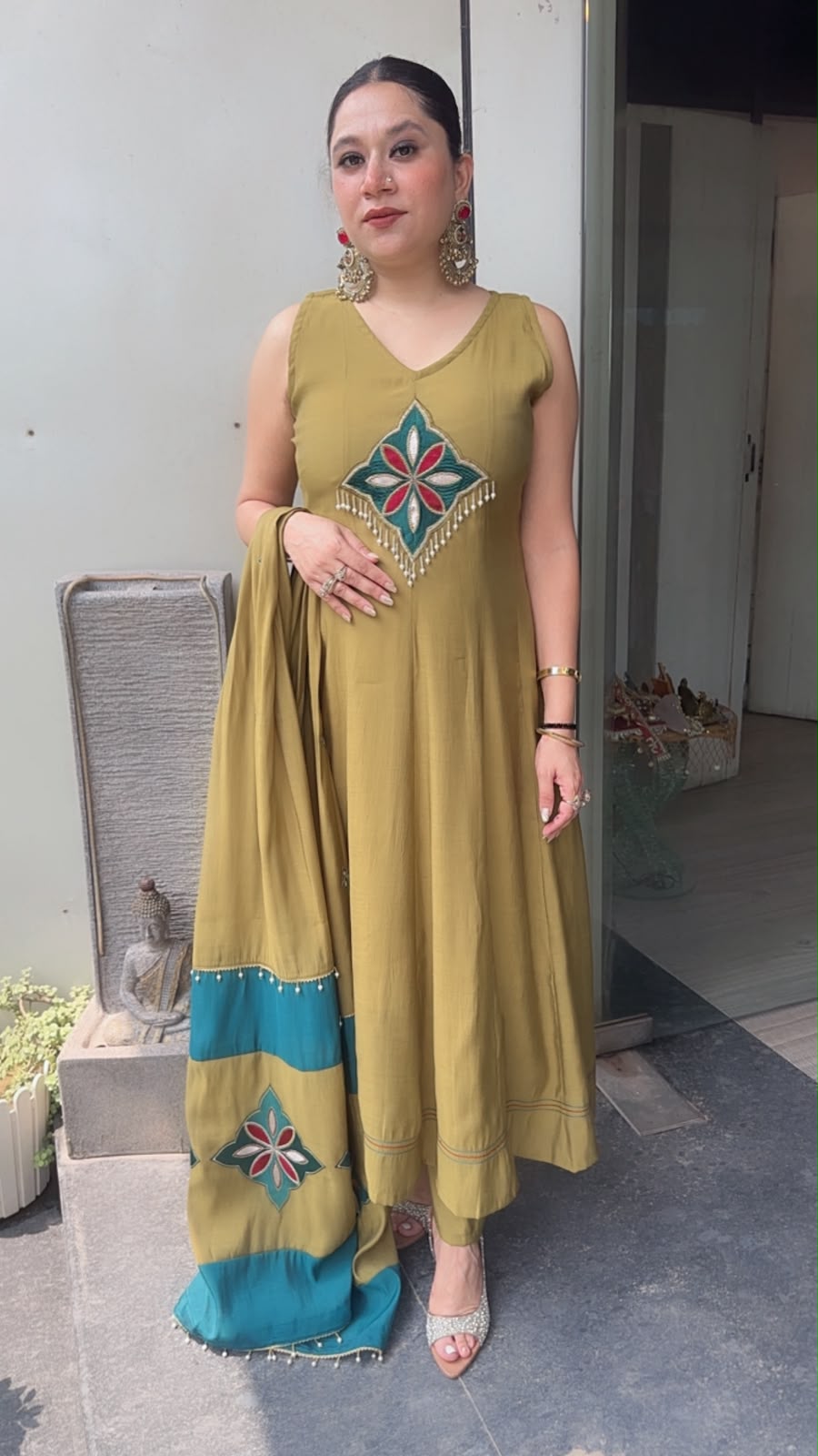 Meraak Mendhi Green Cotton Designer Anarkali Suit (Sleeve fabric Attached)