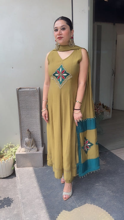 Meraak Mendhi Green Cotton Designer Anarkali Suit (Sleeve fabric Attached)