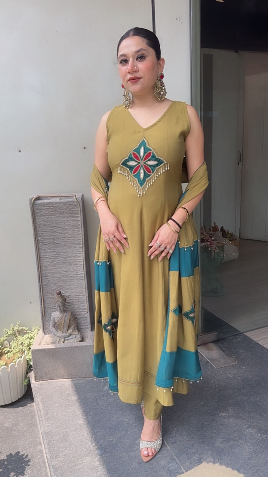 Meraak Mendhi Green Cotton Designer Anarkali Suit (Sleeve fabric Attached)