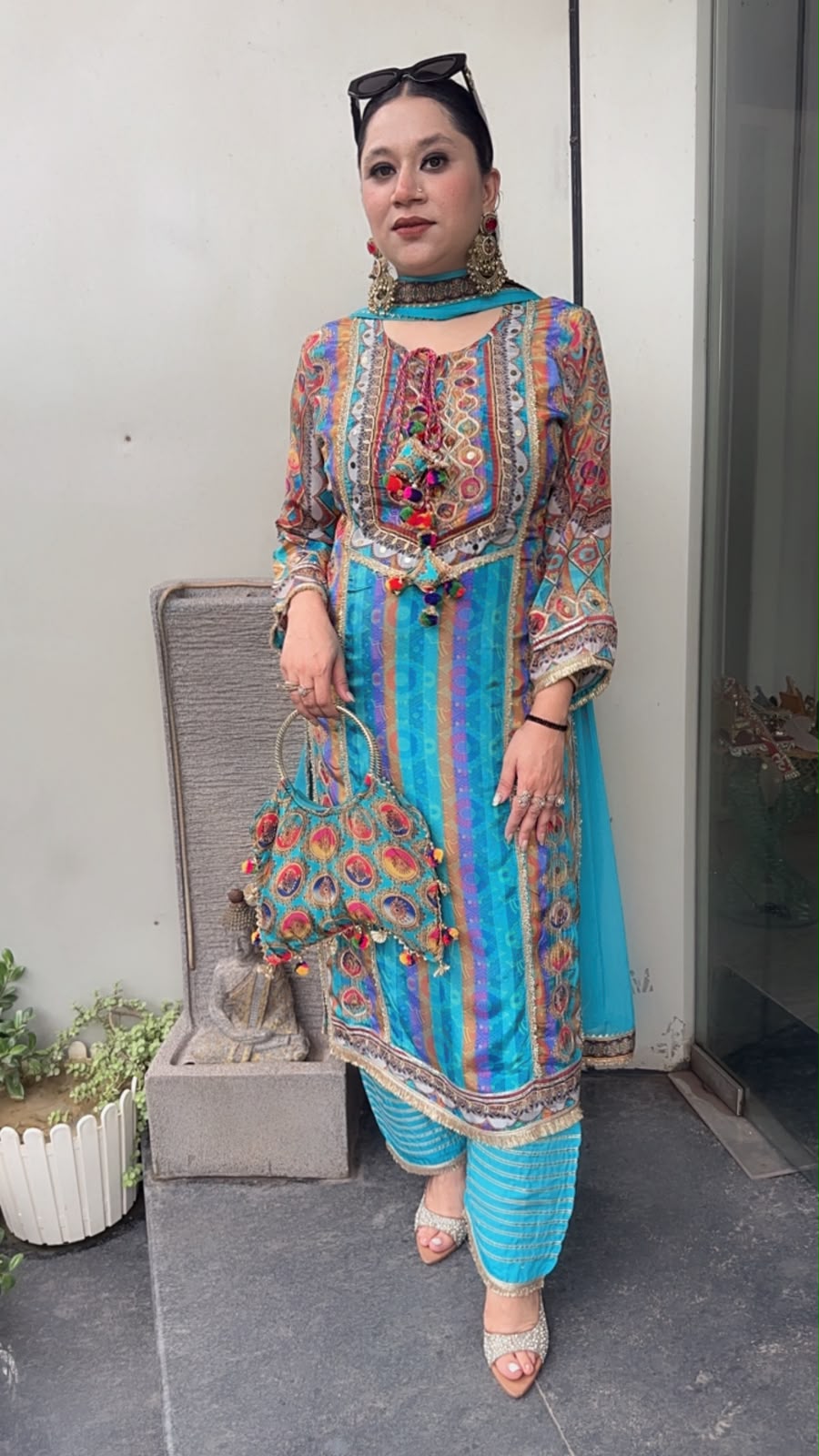 Rakhi Firozi Digital Gotta work Designer Suit with Potli
