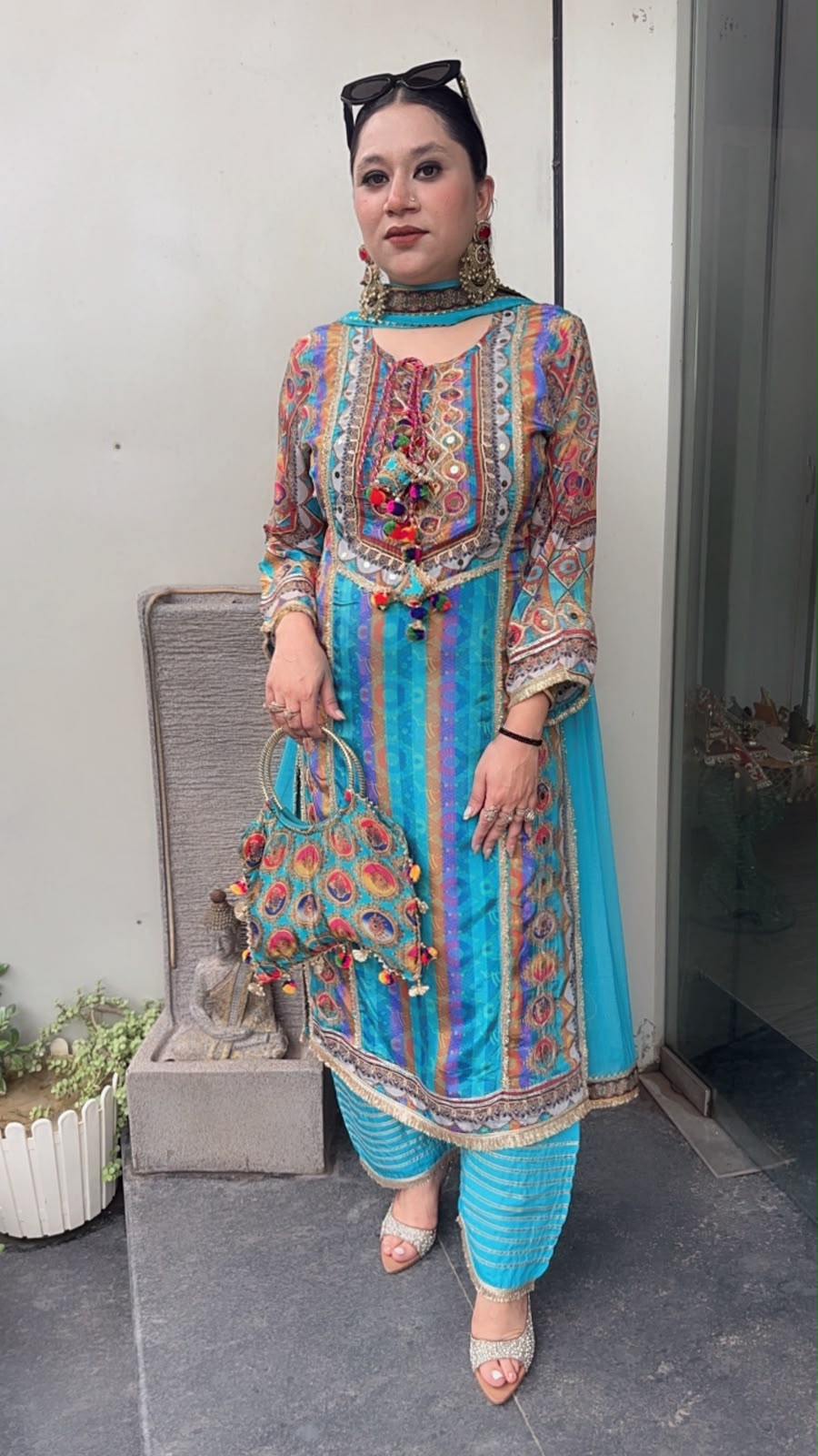 Rakhi Firozi Digital Gotta work Designer Suit with Potli