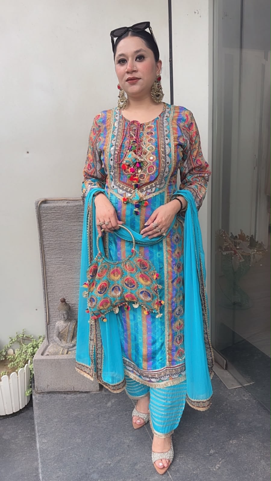 Rakhi Firozi Digital Gotta work Designer Suit with Potli