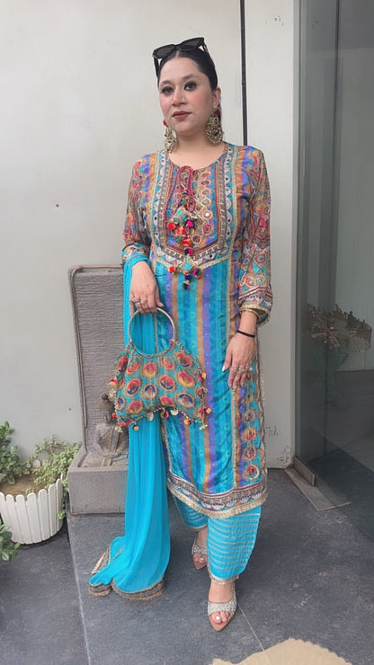 Rakhi Firozi Digital Gotta work Designer Suit with Potli