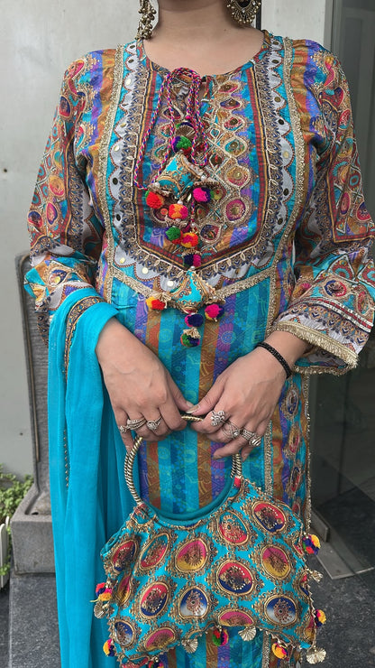 Rakhi Firozi Digital Gotta work Designer Suit with Potli