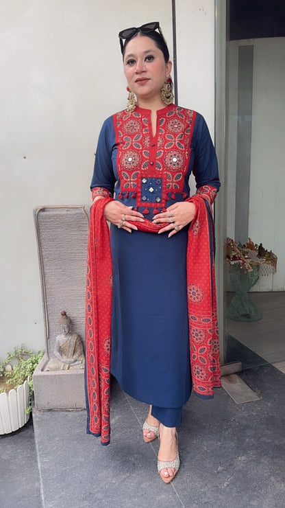 Zika Blue Rust Tassel Cotton Designer Suit
