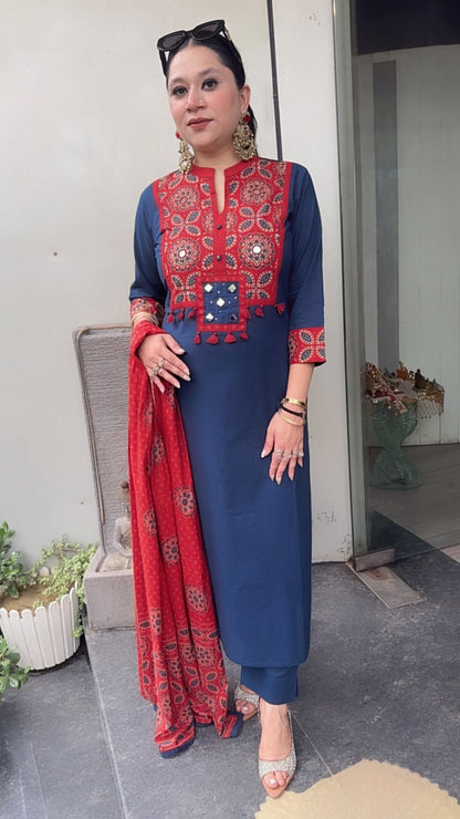 Zika Blue Rust Tassel Cotton Designer Suit