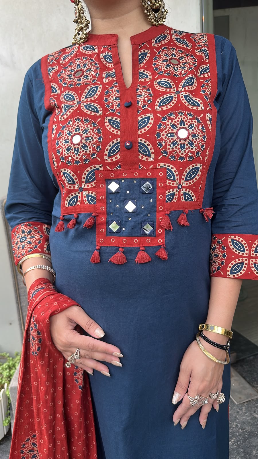 Zika Blue Rust Tassel Cotton Designer Suit