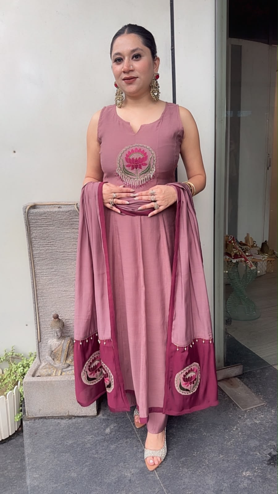 Rahat Onion pink Cotton Designer Anarkali Suit (Sleeve fabric Attached)